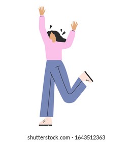 Flat vector simple illustration of a woman. Minimal drawing of a woman in pastel colors. Girl in pink sweater and blue jeans jumping, posing. Design element for 8 March cards, posters, banners.