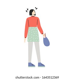 Flat vector simple illustration of a woman. Minimal drawing of a woman in pastel colors. Girl in red sweater and green skirt standing, posing. Design element for 8 March cards, posters, banners.