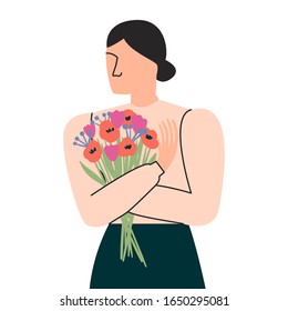 Dibujo simple vector plano de una mujer. Dibujo mínimo de una mujer en colores pastel. Chica sosteniendo flores. Elemento de diseño para tarjetas, carteles, banners.
