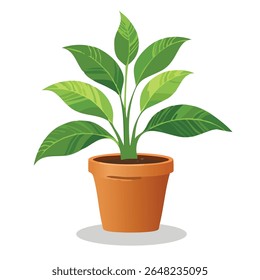 Flat vector of a simple potted plant with clean leaves and clay pot. Suitable for eco-branding, app icons, UI design, and modern decoration.