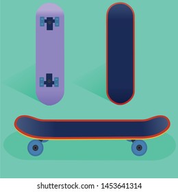 flat vector skateboard, Skateboard from all sides, extreme, sport, skateboard blue

