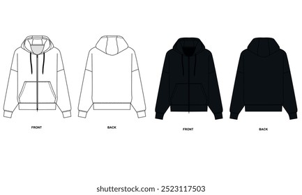 Boceto de Vector plano de sudadera básica con capucha con cremallera, vista frontal y trasera. Plantilla de moda de la chaqueta con capucha, Vector. Dibujo técnico de sudadera deportiva con bolsillos, color blanco y negro. 