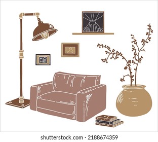 Esbozo vectorial plano de la sala de estar. Mobiliario de estilo industrial. Sala de estar de dibujo a mano con sillón, lámpara, marco en la pared, olla y planta de casa.