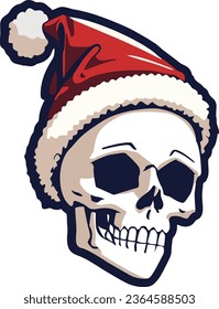 Flat Vector Skull with christmas hat cartoon illustration