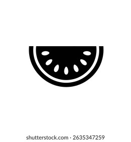 Flat vector slice of black watermelon featuring seeds on transparent background. Fresh fruit element for healthy summer theme graphic.