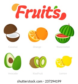 Flat Vector Sliced Fruits: Coconut, Orange, Watermelon, Avocado, Kiwifruit, Lemon in comic style isolated on white