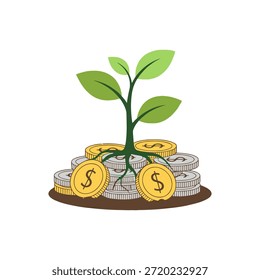 Vector plano de una Pequeña planta verde que brota de una pila de monedas de oro y plata sobre un fondo azul celeste, que simboliza el crecimiento financiero, la inversión y la acumulación de riqueza.