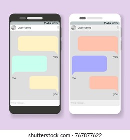 Flat vector smart phone with open social network messanger app between two people with post place for text. Phone mockup or template for message conversation design, ssocial advertisement