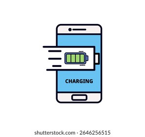 Vector plano de smartphone con indicador de batería de carga rápida. Perfecto para UI UX, tutorial tecnológico, App móviles y contenido de ahorro de energía.