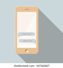 flat vector smartphone with Thank You messages with long transparent shadow