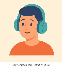 Flat vector of smiling boy in headphones, symbolizing audio communication, remote work, or music listening.