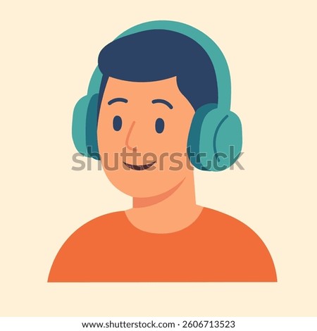Flat vector of smiling boy in headphones, symbolizing audio communication, remote work, or music listening.