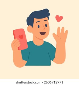Flat vector of smiling boy holding phone and waving, symbolizing love, connection, and online messaging.