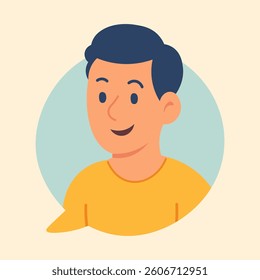 Flat vector of smiling boy inside chat bubble, symbolizing online conversation, profile, and user contact.