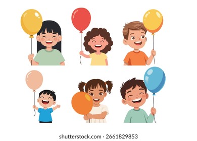 Vetor plano de uma criança sorridente segurando um balão irradiando alegria com paleta de cores macias