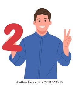 Vector plano de un hombre sonriente que sostiene los números dos. Personaje masculino que presenta símbolos numéricos con diferentes gestos de la mano, aislados sobre fondo blanco. Adecuado para educación, conteo, aprendizaje de matemáticas, infografía, estadísticas, presentaciones, Sitios web, App y conceptos de números.