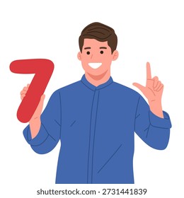 Vetor plano de um homem sorridente segurando números sete. Caractere masculino apresentando símbolos numéricos com gestos diferentes da mão, isolado em fundo branco. Adequado para educação, contagem, aprendizagem de matemática, infográfico, estatísticas, apresentações, sites, aplicativos e conceitos de números.