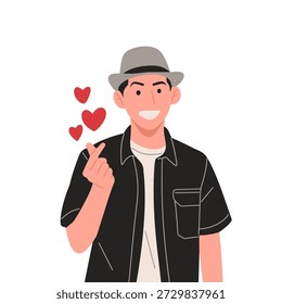 Flat vector of smiling men expressing love using heart symbols, hand heart shapes, and finger heart gestures with floating hearts. Modern cartoon characters showing affection, happiness, and positive emotions. Perfect for Valentine’s Day, love campaigns, social media posts, greeting cards, posters, apps, and website designs.