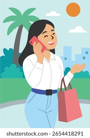 Flat vector of smiling woman talking on phone outdoors in the city