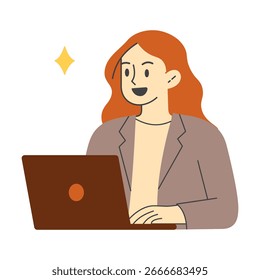 Flat Vector Smiling Woman Working on Laptop, Fun Cartoon Illustration