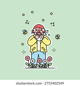 Flat Vector Sneezing Character Allergy Scene