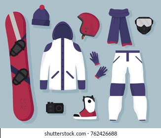 Flat vector of snowboarding equipment and accessories: board, protective helmet, mask, action camera, warm jacket, pants, scarf, hat, gloves and boots. Winter extreme sports and active recreation con