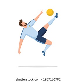 flat vector Soccer Player somersault or overhead kick, illustration of a soccer player doing an overhead kick