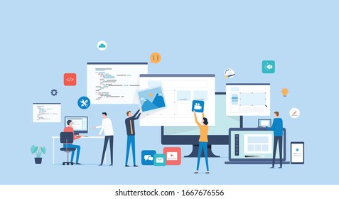 flat vector  software developer team working and meeting process concept 