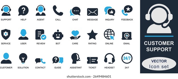 Flat vector solid icons for customer support, help, chat, call, service, and assistance. Perfect for UI, apps, dashboards, live support, and communication tools.