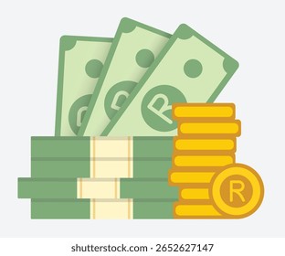 Vetor plano de notas da marca sul-africana com pilha de moedas, ilustração de pacote de moedas para desenho financeiro africano, painel econômico e gráficos relacionados a dinheiro