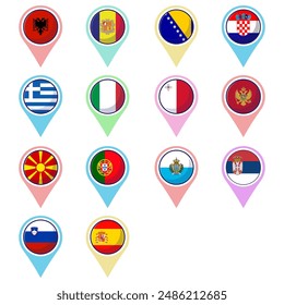 Flat vector of Southern European Countries flags cartoon symbols, icon, map element and geography