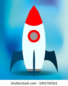 Flat vector spaceship on blue blured background