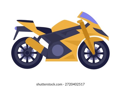 Flat vector sport motorcycle illustration in side view. Modern cartoon motorbike isolated on white background for speed, racing, transport, lifestyle concepts.