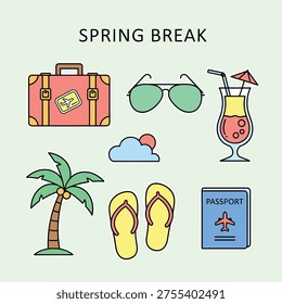Flat Vector Spring Break Travel Icon Set