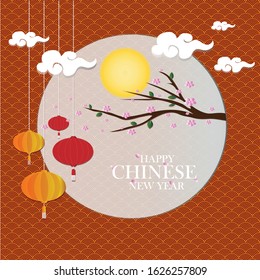 flat vector of spring flower, moon, white clouds and lanterns on red Chinese pattern background 