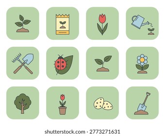 Flat vector spring garden icon set with tools, flowers, and plants. Hand drawn original illustrations