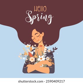 Flat vector spring illustration. Cute girl with long hair holding a bouquet of wildflowers. On the background of hair the inscription Hello spring