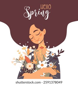 Flat vector spring illustration. Cute girl with long hair holding a bouquet of wildflowers. On the background of hair the inscription Hello spring