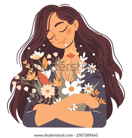 Flat vector spring illustration. Cute girl holding a big bouquet of flowers on white background 