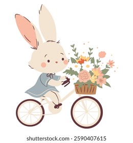 Flat vector spring illustration in simple childish style. Cute rabbit in a dress rides a bicycle and carries a basket with flowers. 