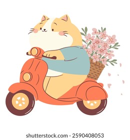 Flat vector spring illustration in simple childish style. Cute kitty rides on a scooter and carries a basket with flowers. 