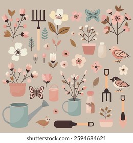 Flat vector spring set with pastel colors. Includes blooming branches (cherry, apple, magnolia), gardening tools (watering can, rake, shovel), birds, nests, butterflies, and leaves