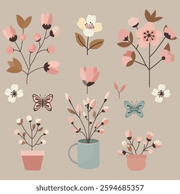 Flat vector spring set with pastel colors. Includes blooming branches (cherry, apple, magnolia), gardening tools (watering can, rake, shovel), birds, nests, butterflies, and leaves. 