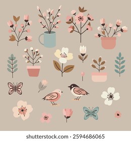 Flat vector spring set with pastel colors. Includes blooming branches (cherry, apple, magnolia), gardening tools (watering can, rake, shovel), birds, nests, butterflies, and leaves. 