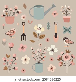 Flat vector spring set with pastel colors. Includes blooming branches (cherry, apple, magnolia), gardening tools (watering can, rake, shovel), birds, nests, butterflies, and leaves. 