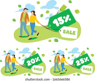 Flat vector spring summer  illustration with label tags and 15%, 20%, 25% text on it.