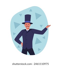 Flat Vector Stage Artist. Illustration of a joyful actor with his arm raised, wearing a tuxedo and hat on a blue background, ideal for use as a badge or sticker or promotional flyer design.