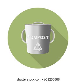 flat vector stainless steel composting bin icon with long shadow in to green round geometric shape as zero waste, bpa and plastic free concept