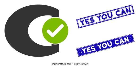 Flat vector standard check pictogram and rectangle Yes You Can stamps. A simple illustration iconic design of Standard Check on a white background. Blue Yes You Can stamps with dirty textures.