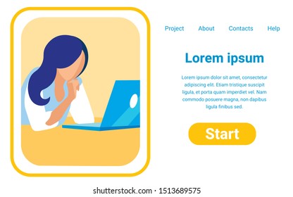 Flat Vector Starting Page Design Template for Business Project. Illustration with Copy Space for Your Text. Young Brunette, Lying on Stomach, Busy with Her Laptop, Watching or Reading Something.
